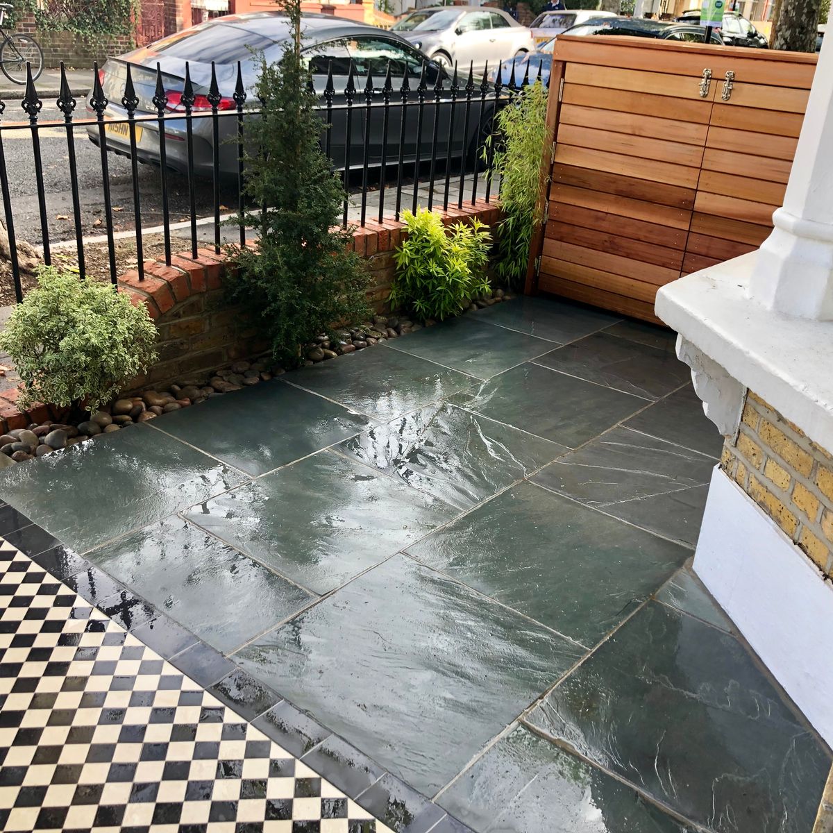 Garden Landscape Design London Fields Hackney North London with Victorian Tile Path and Bespoke Brick Wall