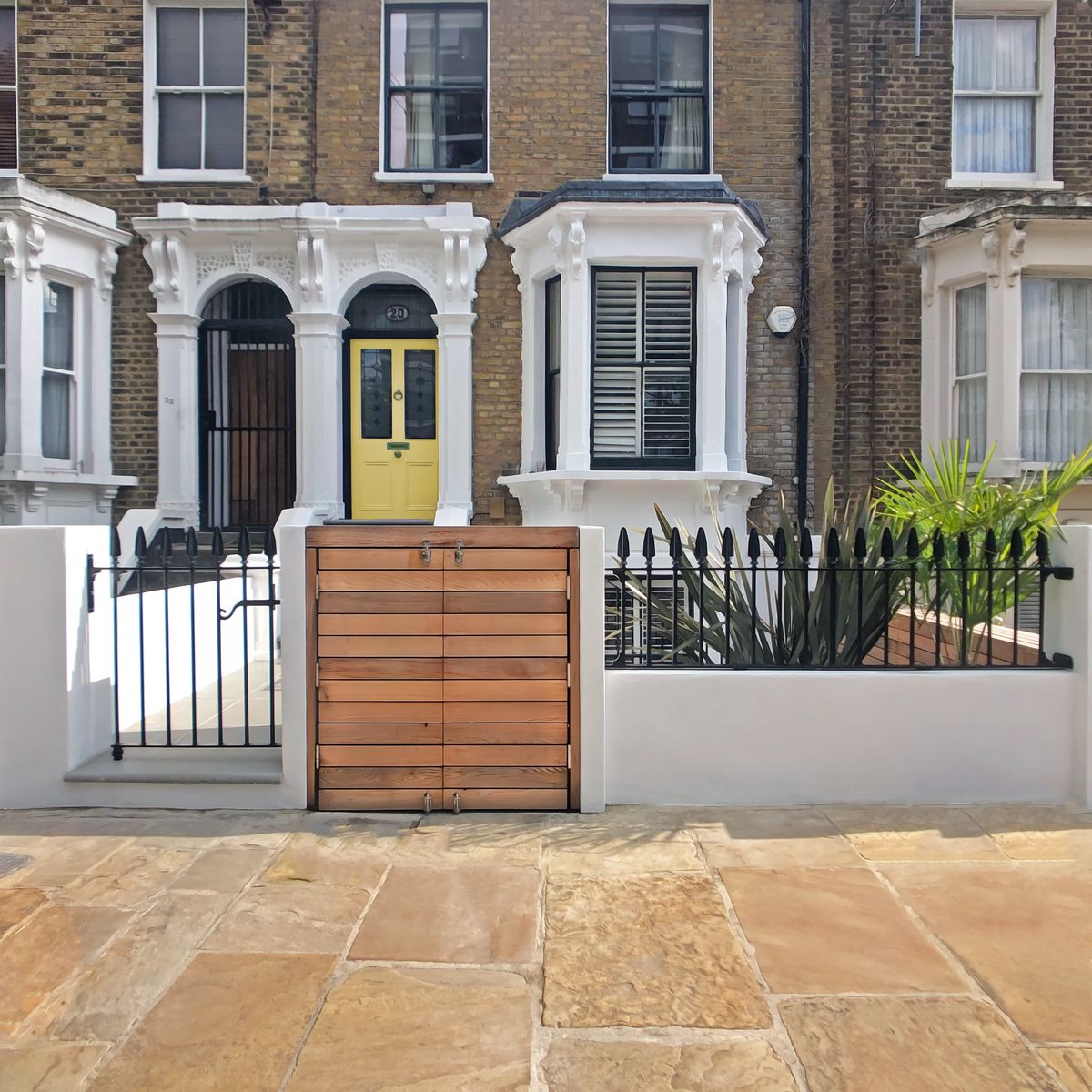 Luxury Garden Design for Period Front Garden in London Fields East London with Yorkstone Steps and Bespoke Cedar Bin Store