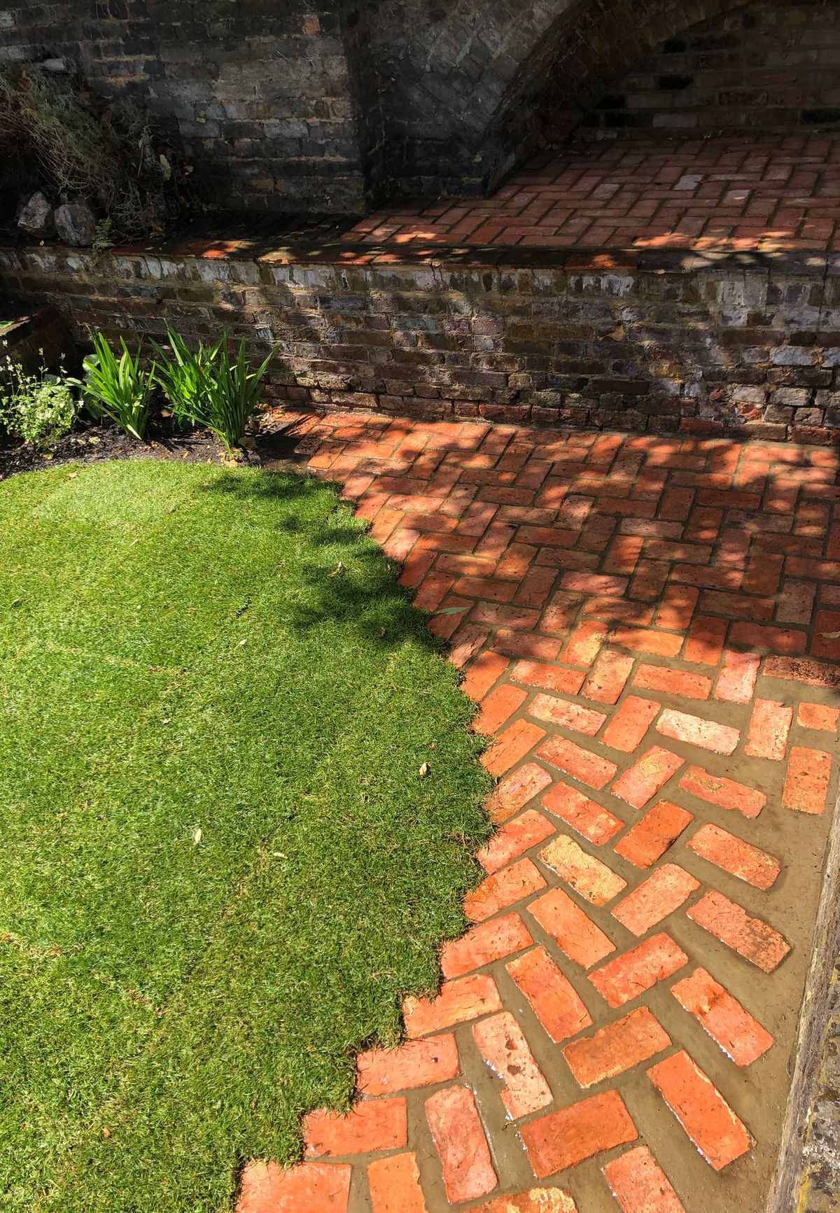 Detail Showing Transition of Curved Path from Dragon Back Design to Herringbone in South Facing Garden in Columbia Road, E2 East London