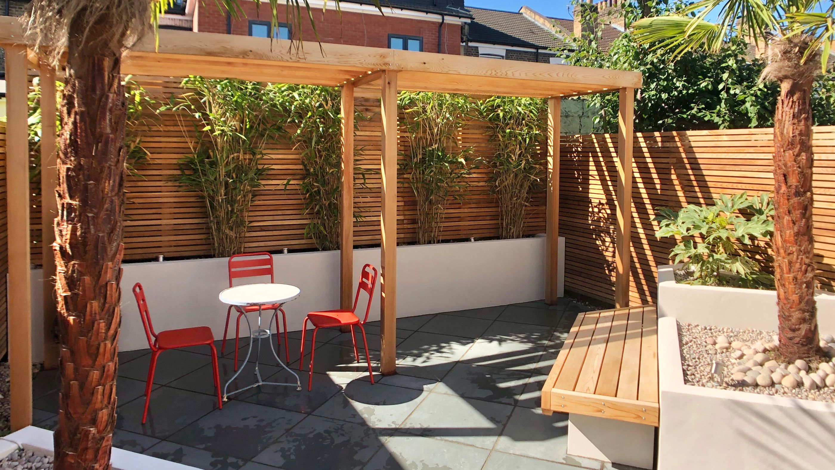 Garden Landscape and Build in Forest Gate East London with Architectural Planting in Rendered Planters